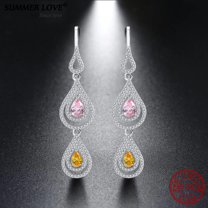 

silver 925 jewelry Elegant Water drop Earrings With Topaz Rose Quartz CZ Crystal Long Dangle Earrings brinco bijoux femme