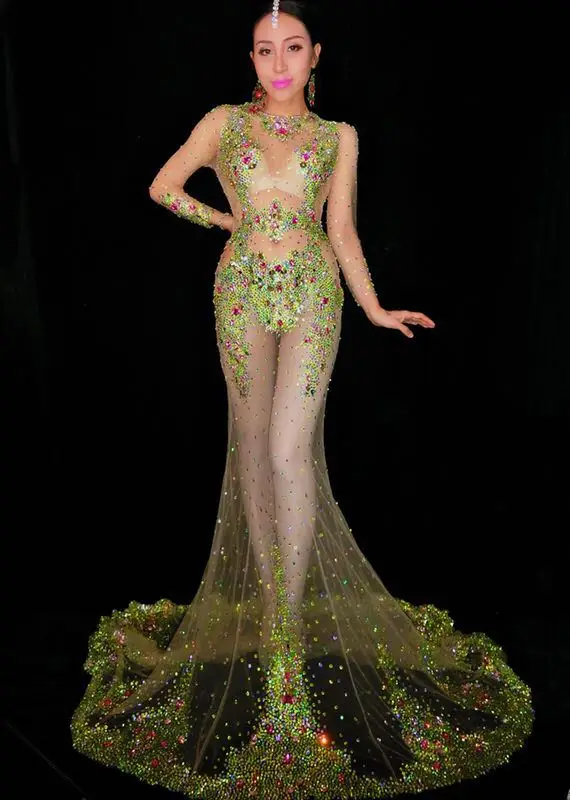 Błyszczące kolorowe kryształy perspektywa długa sukienka damska luksusowa duża sukienka kostium wieczorowy występ na imprezie świętuj sukienki