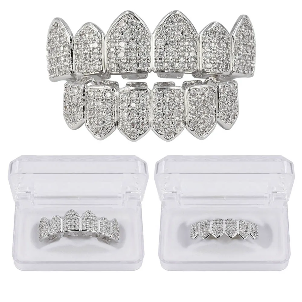 TOPGRILLZ Hip Hop Grillz Teeth Caps Gold Color Plated Luxury Micro Pave CZ Stones Top & Bottom Teeth Grills Set For Halloween