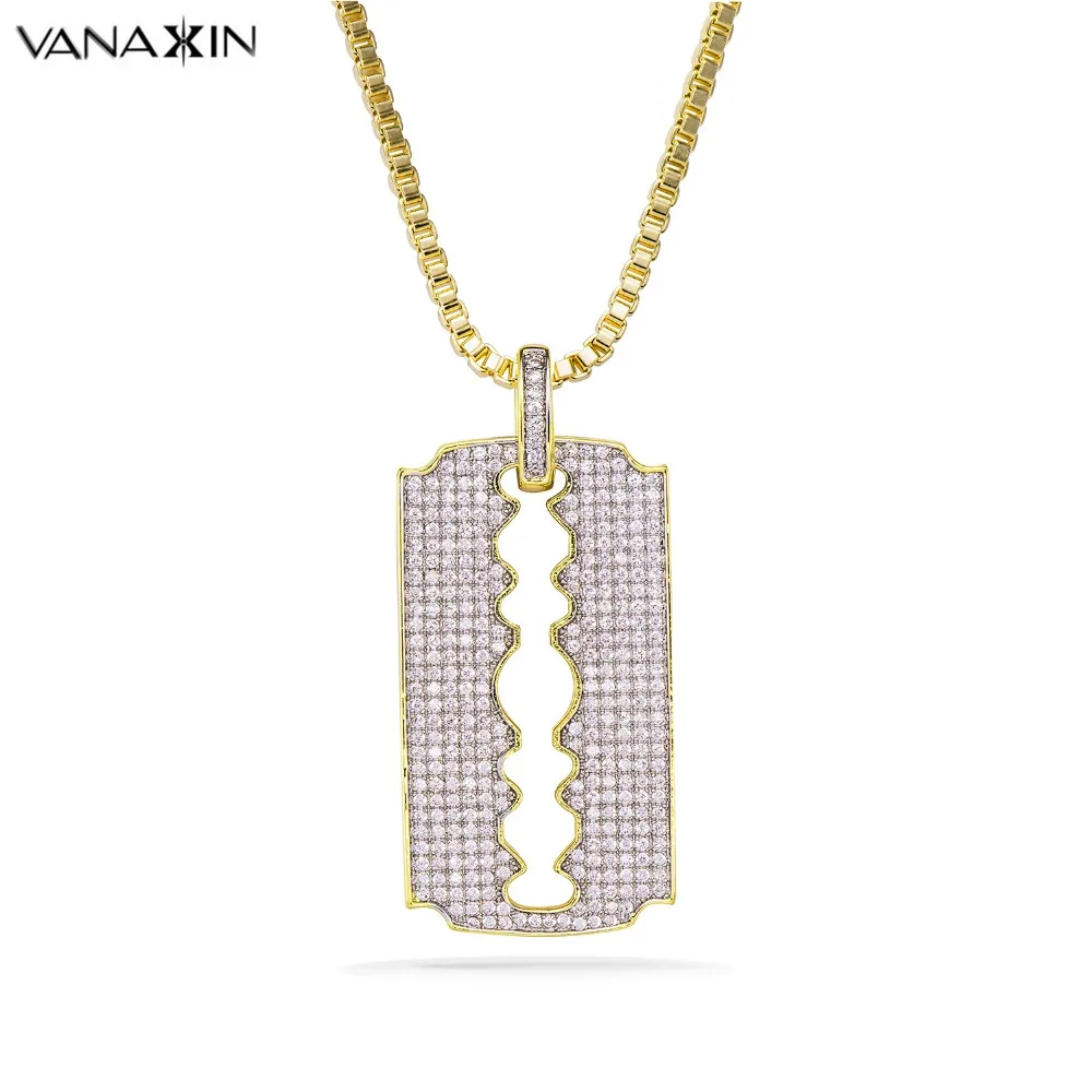 

VANAXIN CZ Crystal Pendant Dog Tags Necklace For Men Punk Fashion Jewelry Charms Rhodium Plated CZ Paved Statement Necklaces