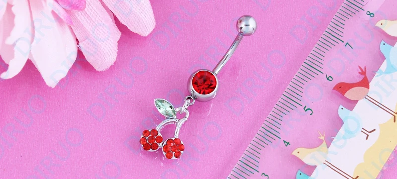 Rhinestone Belly Button Ring Cherry Dangle Body Piercing Jewelry belly navel ring 316L Surgical Steel nickel- free