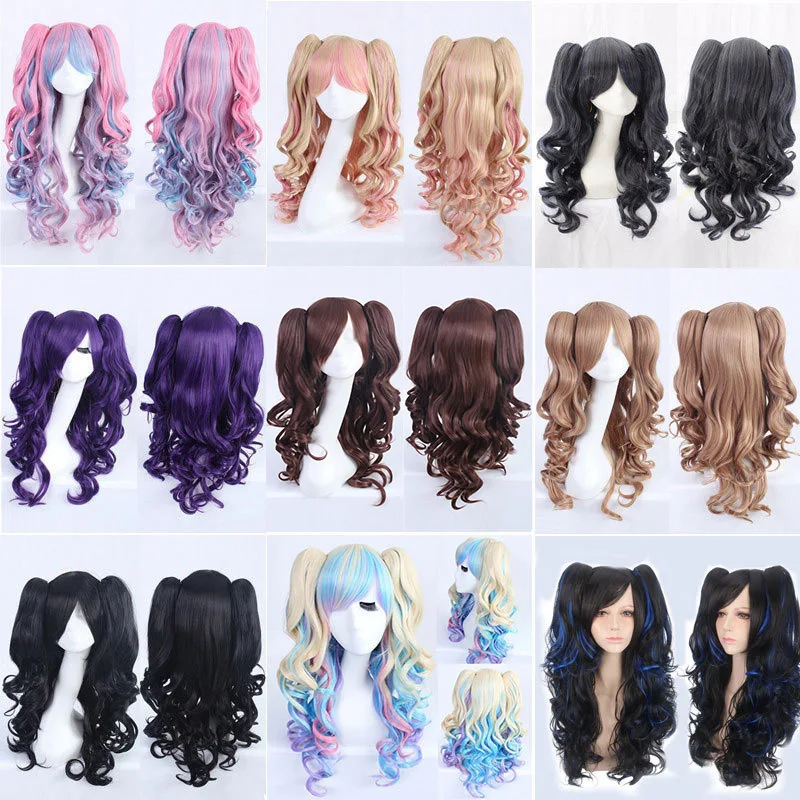 ยาว70ซม.Body Wave Lolita Wigsกับ2 Ponytailsหนาและหนาผมสังเคราะห์ผู้หญิงUniversalผมปลอมอะนิเมะคอสเพลย์วิกผม