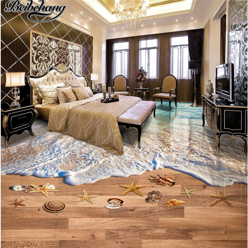 

beibehang Custom flooring 3d large decorative painting waves beach sand bathroom 3D floor tiles three-dimensional painting