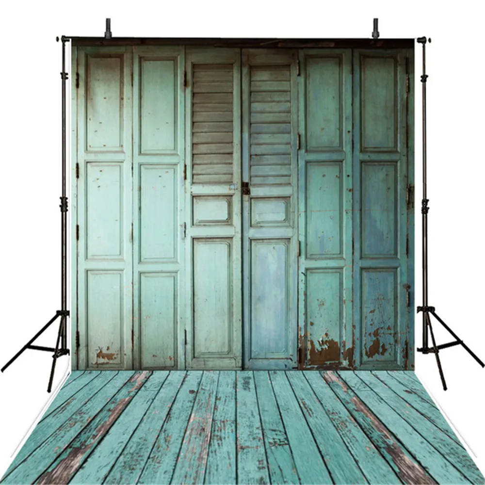 Retro Vintage Blue Wooden Door Photo Backdrop Vinyl Printed Baby Kids Newborn Indoor Photography Studio Background Wood Floor