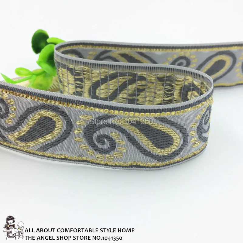 

New Design 1"30MM 10yards/lot Handmade Accessories Lace Ribbon Single Face Grey Woven Jacquard Ribbon With Gold Thread
