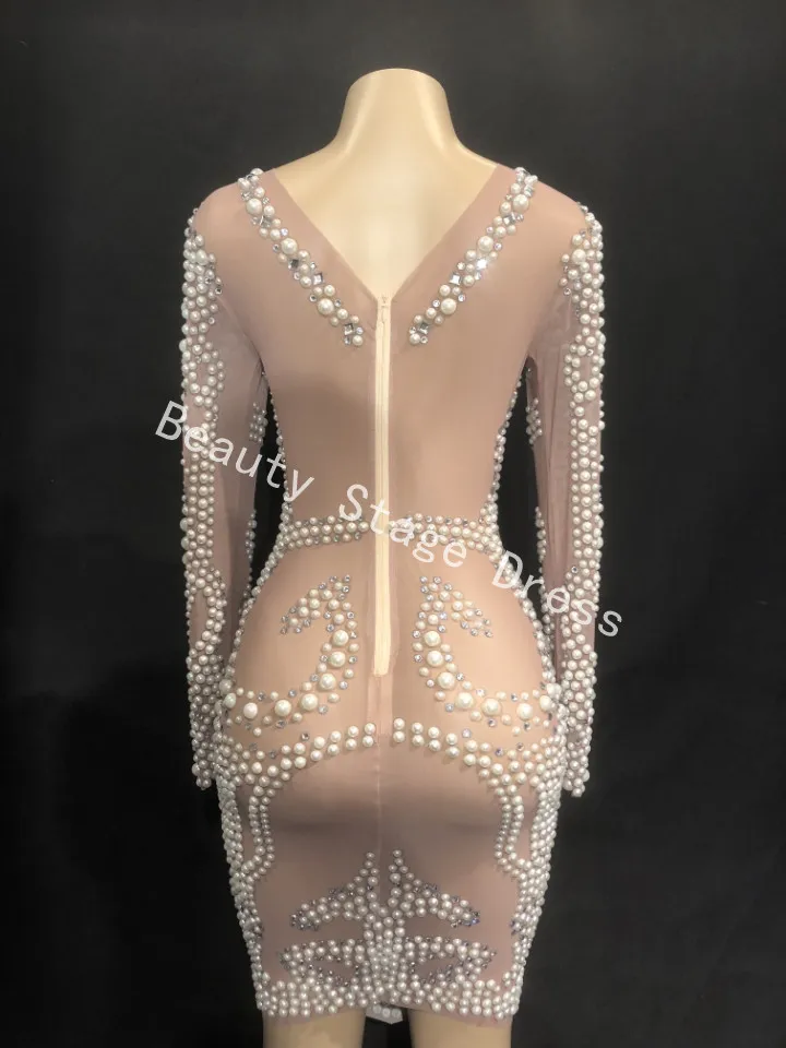 Robe de soirée luxueuse en maille avec perles et strass, à manches longues, pour bal, anniversaire, chanteur