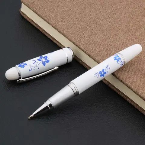 클래식 파란색과 흰색 꽃 난초 롤러 볼펜