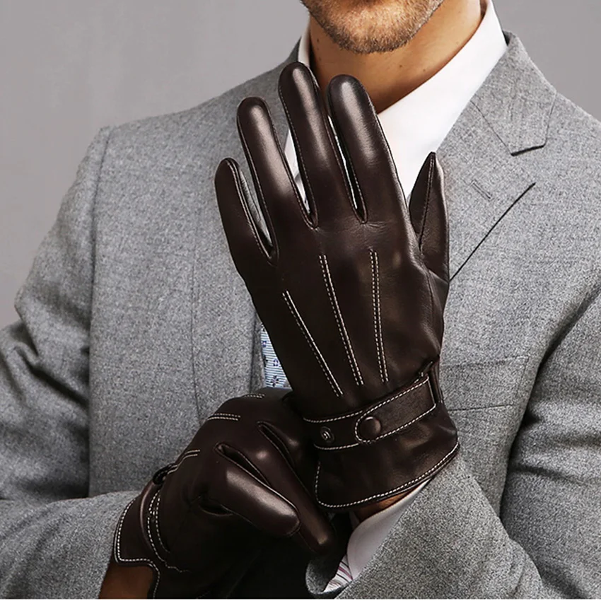 Fashion Top Quality Men Genuine Leather Winter Warm Solid Driving Gloves  Wrist Buttons Sheepskin Glove  Free Shipping M009NC-5