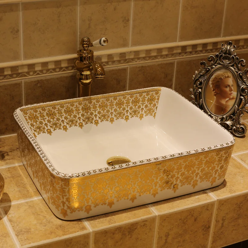 

Gold Porcelain Bathroom ceramic counter top sink Rectangular wash basin popular in europe art basin colorful hand basin sink