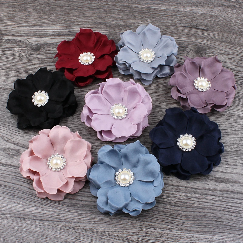 120pcs/lot 8cm 8colors Hair Clips Felt Flower+Pearl Button For Kids Girls Hair Accessories DIY Fabric Flowers For Headbands DIY