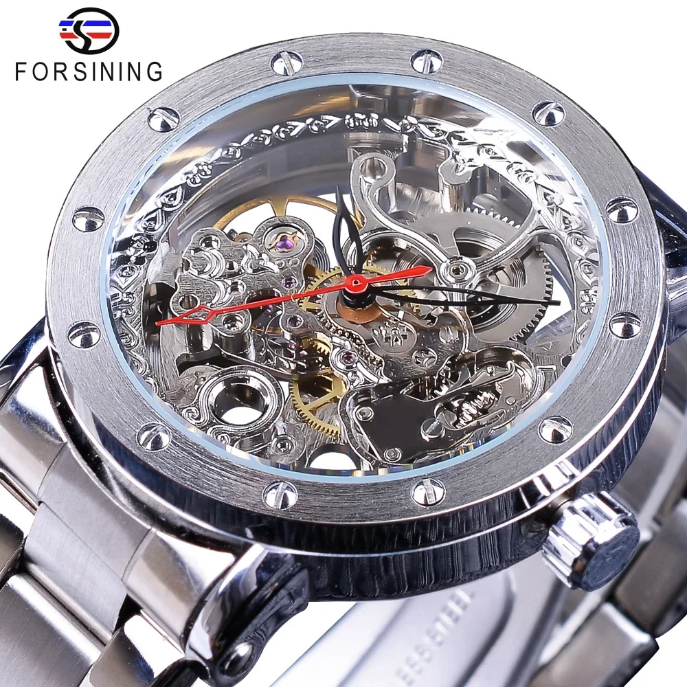 Forsining-Relojes de pulsera con esqueleto de plata para hombre, cronógrafo automático con correa de acero inoxidable, puntero negro y rojo, transparente