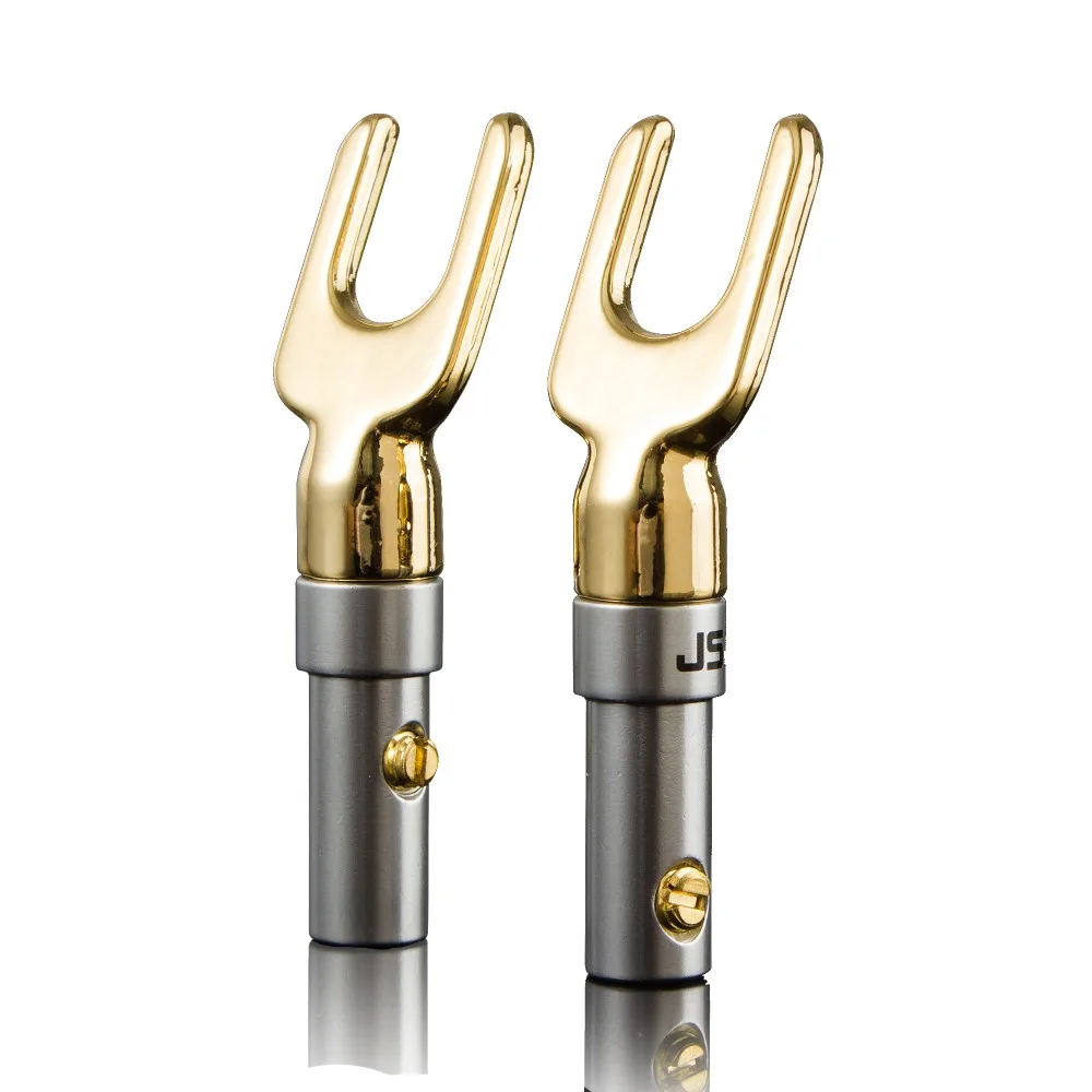 JSJ 4pcs/Lot 24K Gold Plated Y Spade Banana Speaker Plugs Audio Screw Fork Connector Adapter