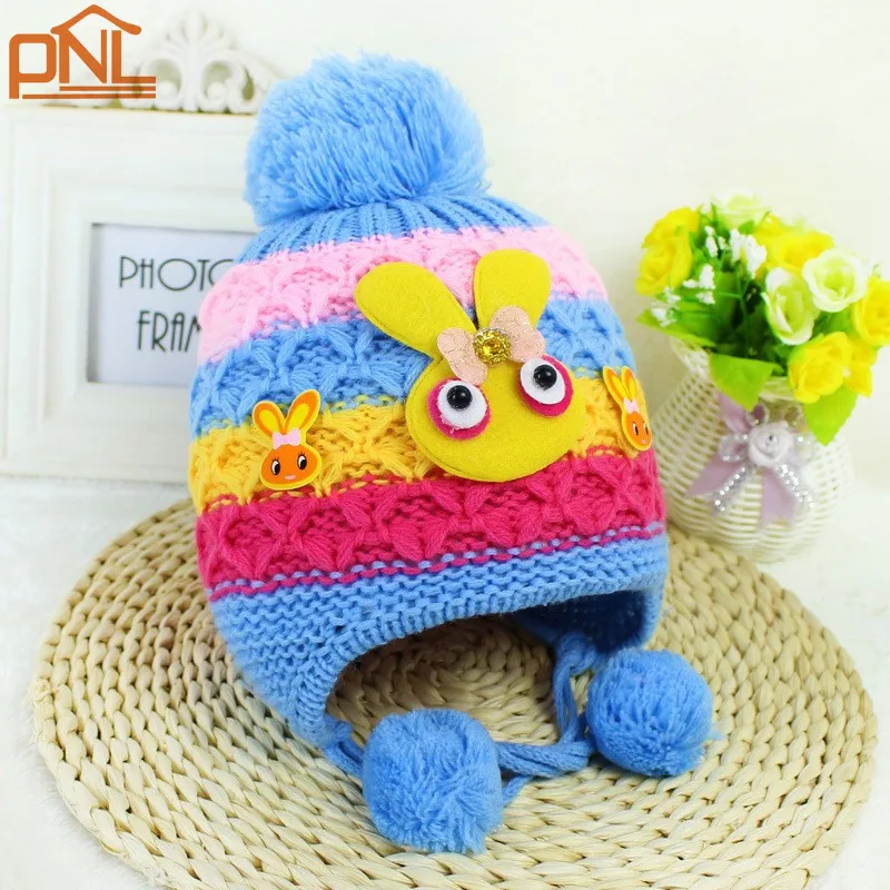 Baby Crown Hat warm ear bomber children ear knitted hat cap boys girls Hanging ball winter hats caps