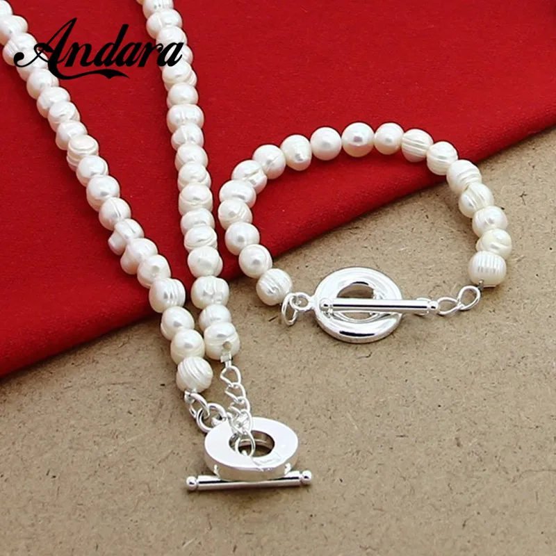 Pearl Jewelry Sets 925 Sterling Silver Natural Freshwater Pearl Necklace Bracelet Set Fashion Women Jewelry Wedding Gift