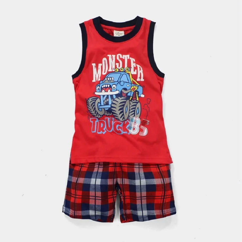 Summer Sleeveless Baby Boy Clothes Suits 100% Cotton Children T-Shirts Shorts Pant Singlet Vest Plaid Panties Beach Kid Tank Top