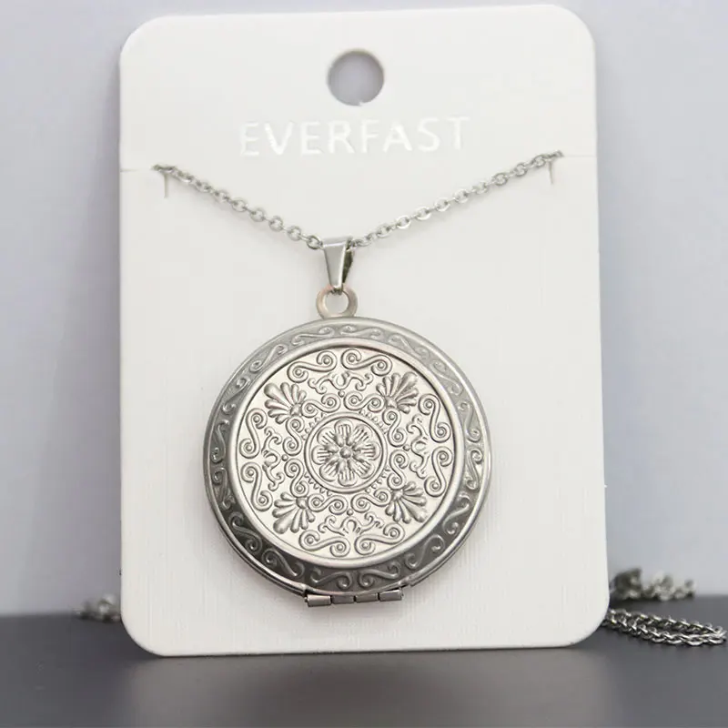 1pc Round Engraved Daisy Photo Frame Pendant Necklace Stainless Steel Charms Locket Necklaces Women Men Fashion Memorial Jewelry