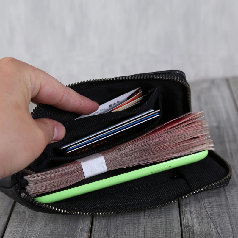 Zipper Long Wallet Men Genuine Leather Luxury Handmade Sheepskin Ladies Casual Cell Phone Purses Simple Big Capacity Clutch Bag