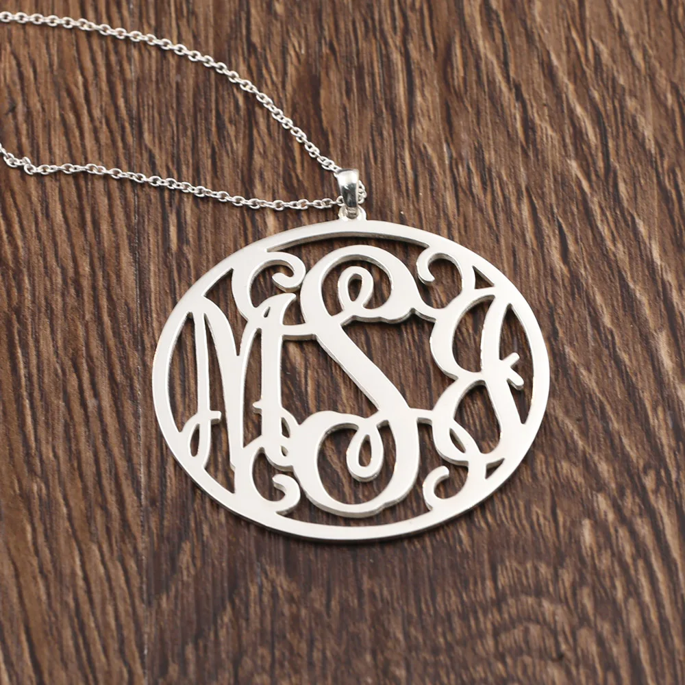 

925 Silver Custom Disc Monogrammed Initals Name Necklace Personalized Round Pendant Jewelry Long Coat Necklace