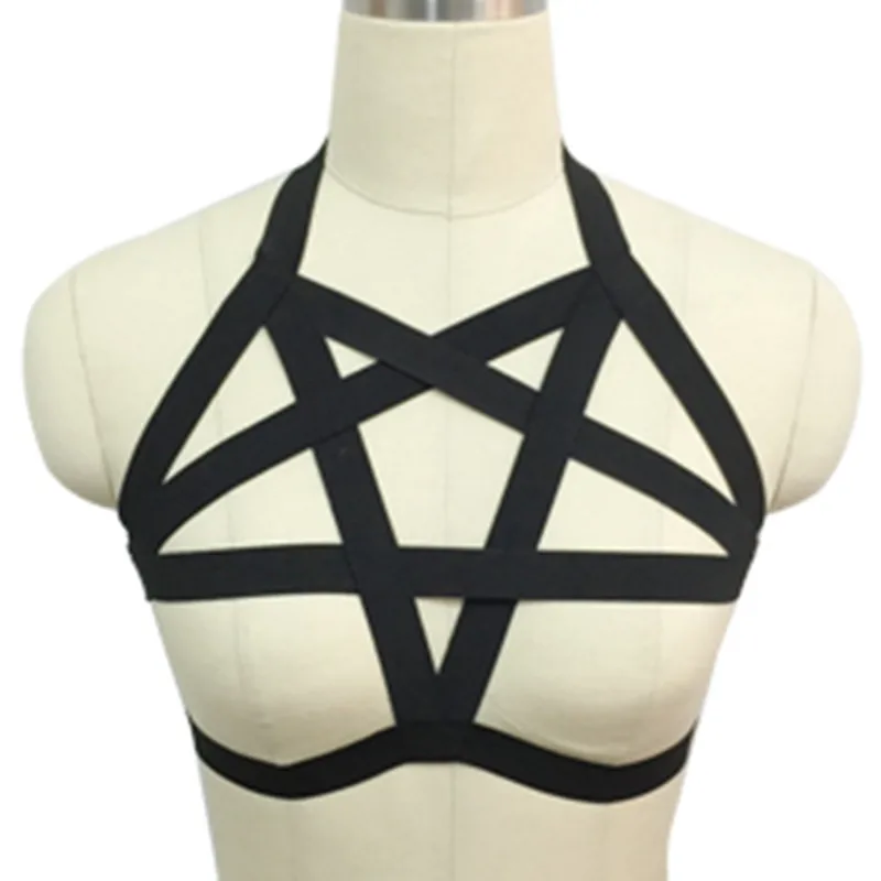 Màu đen Có Thể Điều Chỉnh Cơ Thể Khai Thác Gothic Harajuku ngôi sao năm cánh bondage áo ngực đồ lót sexy ngôi sao năm cánh bondage khai thác blte