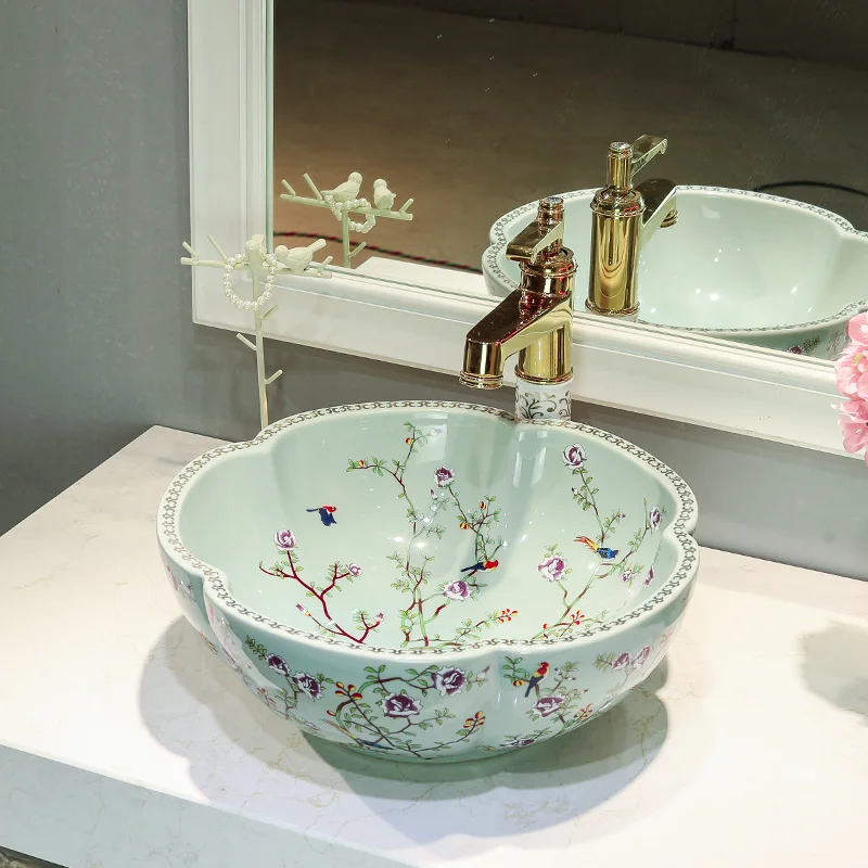 Europe Style Porcelain Hand Painted Art Lavatory Sink Antique Bathroom Vessel Sink color wash basin  flower and bird blue