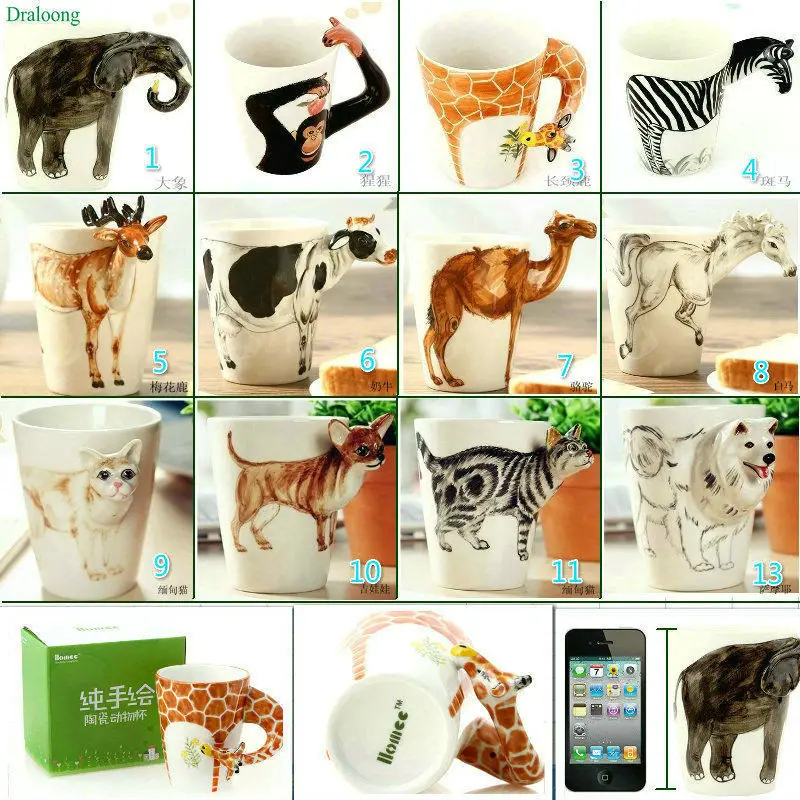 New arrival Creative gift Ceramic coffee milk tea mug 3D animal shape Hand painted animals Giraffe Cow Monkey cup