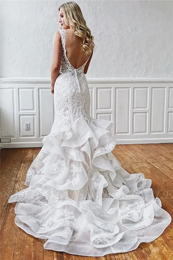 Traje de mariee romántico Ruffled tren sirena encaje vestidos de novia 2019 Deep V cuello Sexy espalda descubierta vestido de novia vestidos de boda