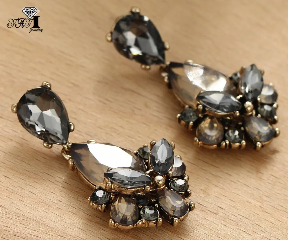 YaYi Jewelry New  Brown Glass Gray Rhinestone Dangle Crystal Earring Women\'s Fashion Ancient Gold Color Gem Earrings 1165