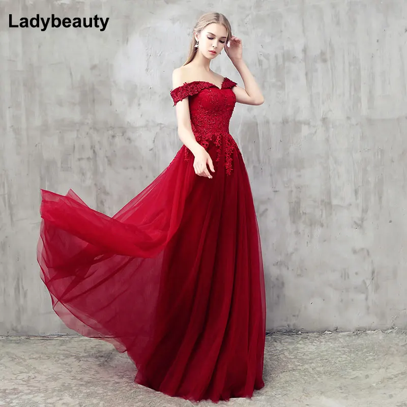 

Ladybeauty New Arrived Women Beading Long Evening Dresses Elegant Lace Boat Neck Banquet Sexy Formal Party Gown