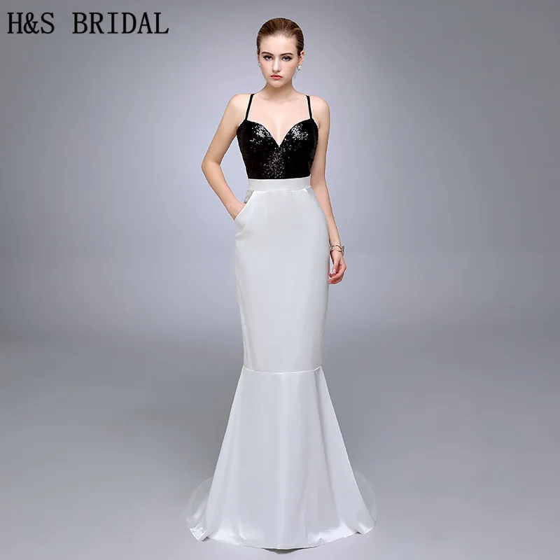 HS01 Sweetheart With Straps Black And White Simple Evening Gown Top Sequins Mermaid Evening Dress With Pockets