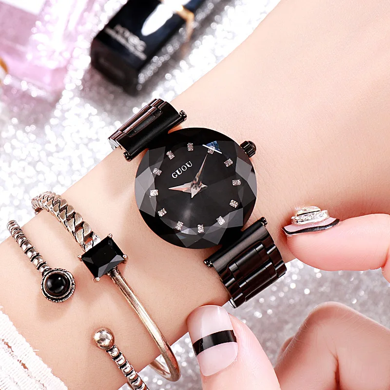 2018 Fashion Reloj Mujer Guou Brand Female Black Steel Strap Quartz Watch Small Size Clock Ladies Girls Women Dress Wrist Watch