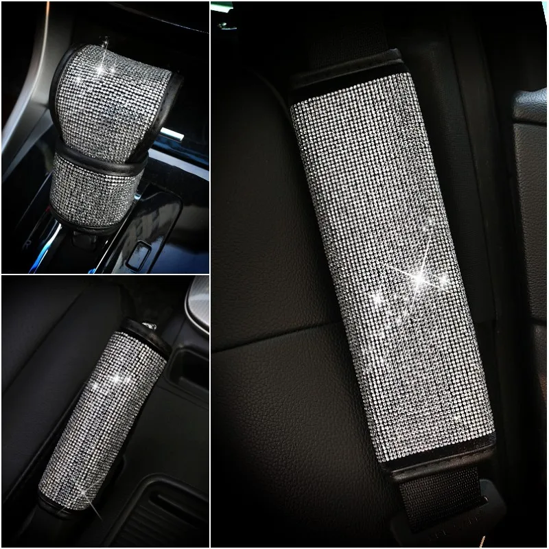 Rhinestones Crystal Car Seat belt cover pad Neck pillow Waist Support Steering wheel cover Auto Interior accessories Kit Set