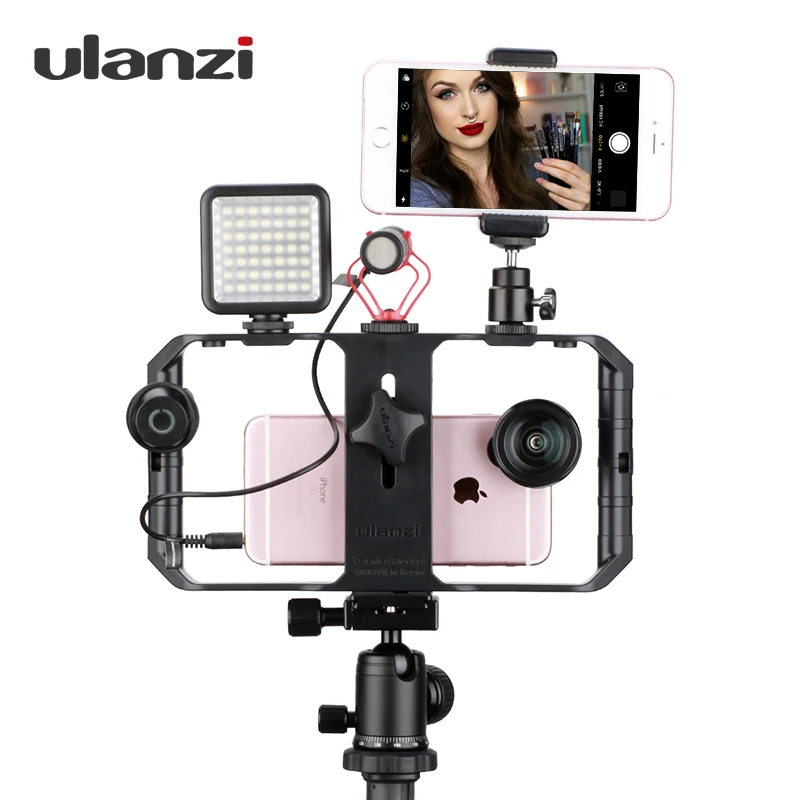 Ulanzi Smartphone Video Rig Youtube Facebook Live Stream Stabilizer w Microphone Led Light for iPhone 8 7