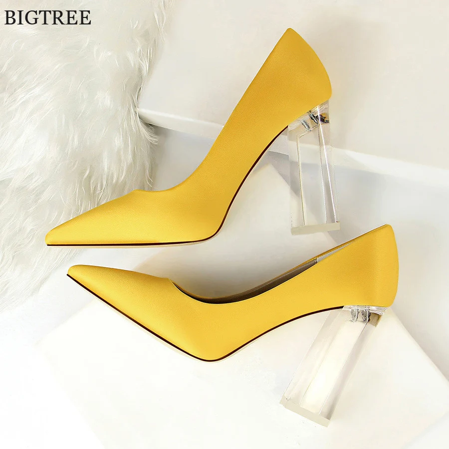 

12 Colors Women Sexy Transparent Crystal Heel Pumps Wedding Autumn Silk High Heels Female Office Pointed Toe Party Ladies Shoes