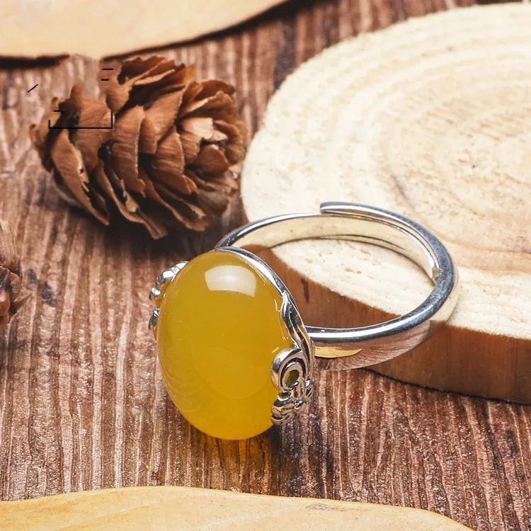 

100%925 sterling silver ring yellow chalcedony ring Thai silver lace inlaid free shipping