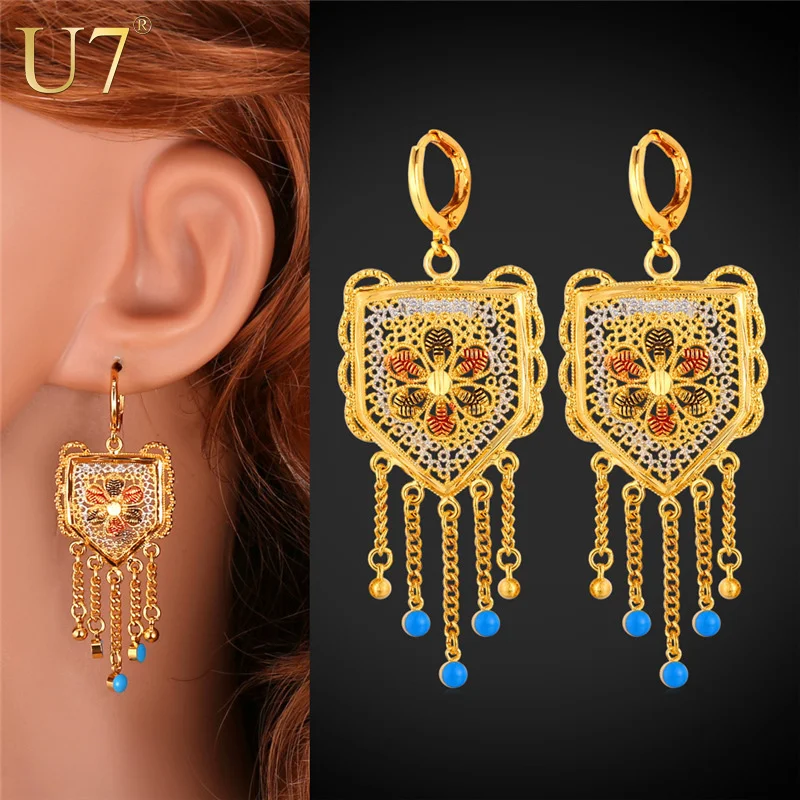 U7 Bohemian Jewelry Tassel Earrings For Women Fashion Trendy Gold Color Plant Long Dangle  Indian  E650 QC24