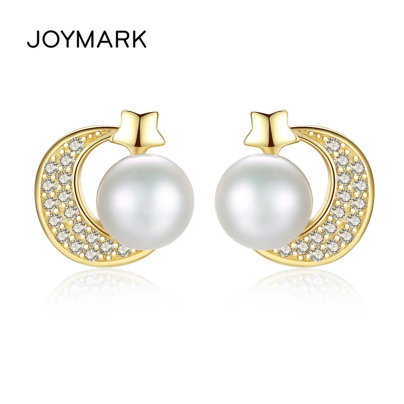 Moon And Star Natural Freshwater Pearl Stud Earrings 925 Silver Jewelry For Women JPSE047