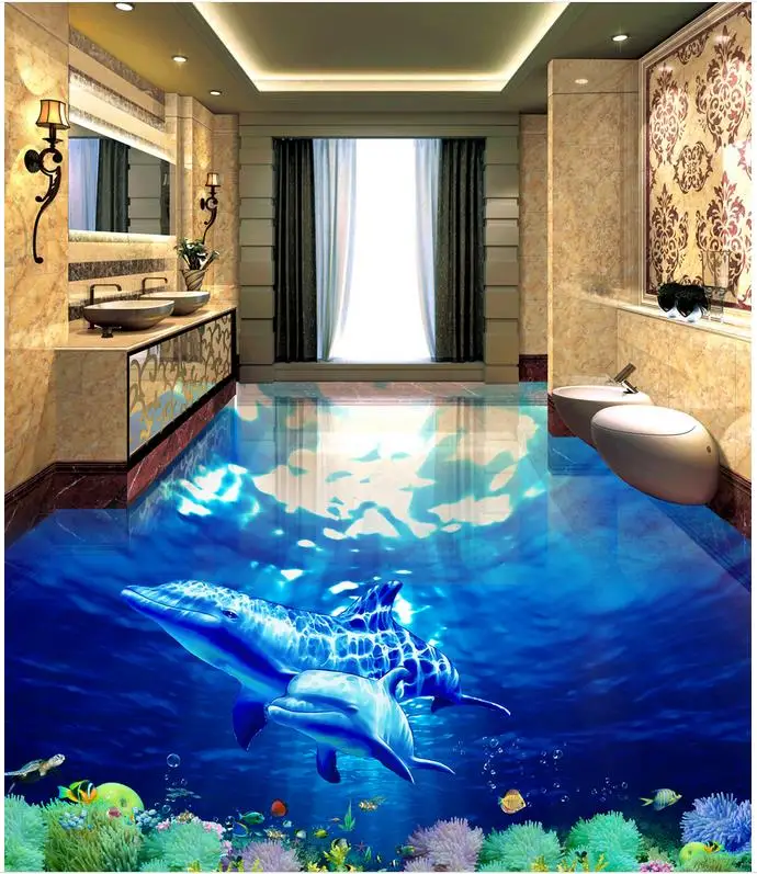 

3D Floor Non-slip Waterproof Self-adhesive PVC Wallpaper Modern Custom 3D Floor Mural Underwater World 3D Bathroom