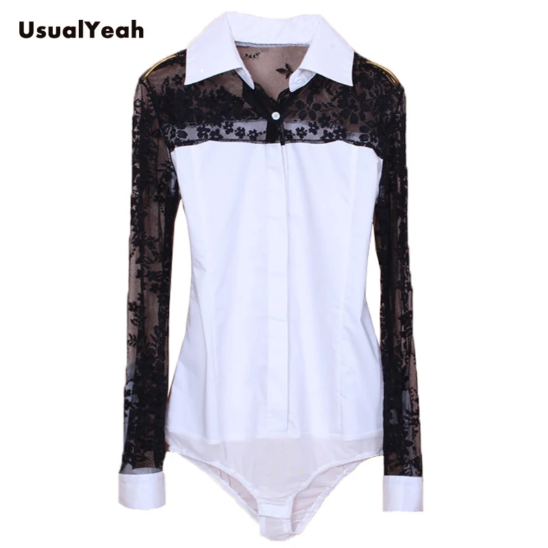 UsualYeah  New Casual Long sleeve Lace Patchwork Women work wear Slim Fit Body Shirt Blouse Office Blusas White S-XXL SY0099