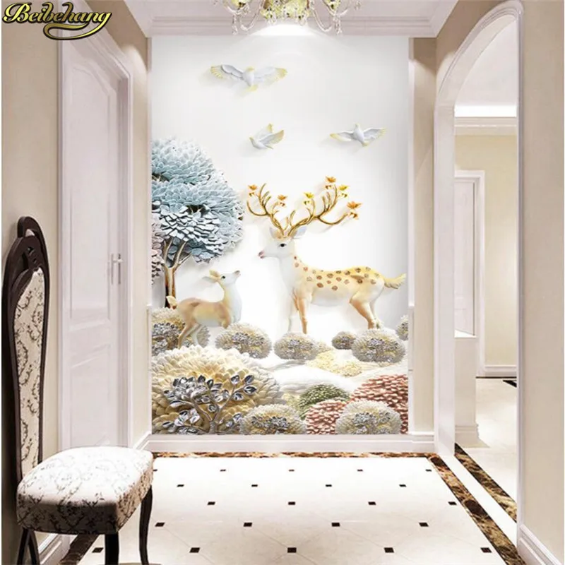 

Custom Photo mural wallpaper Fortune Tree Elk European Entrance Decorative Cafe Living Room TV Backdrop Wall Painting Stickers