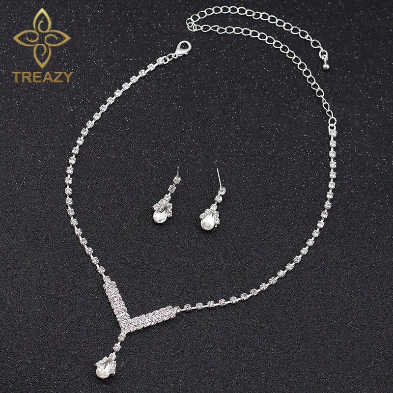 TREAZY Simple Bridal Bridesmaid Jewelry Sets Fashion Silver Plated Crystal Wedding Jewelry Sets Necklace Earrings Set for Women