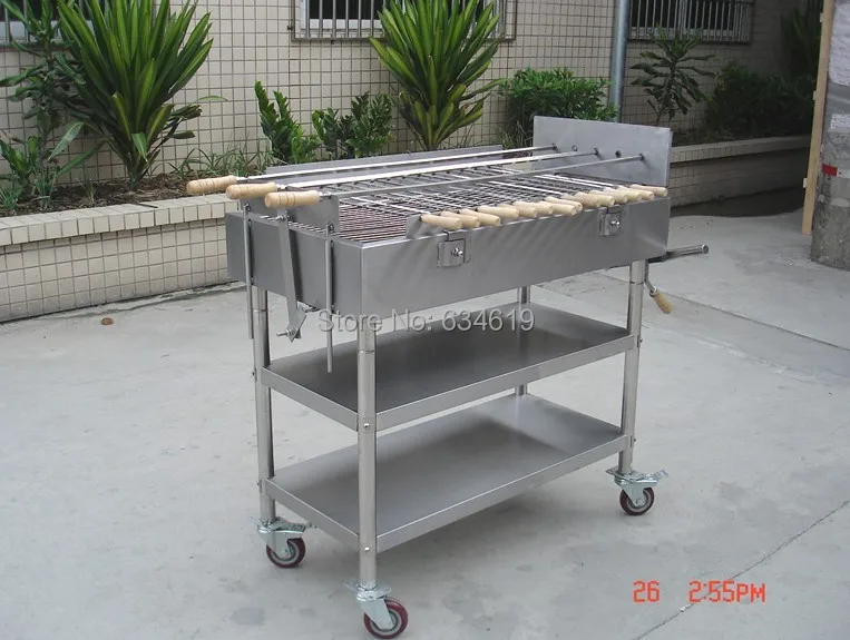 Stainless Steel Charcoal Bbq Grill, Barbecue Grill With Rotary Motor, Mobile Outdoor Barbecue Grill With Skewers