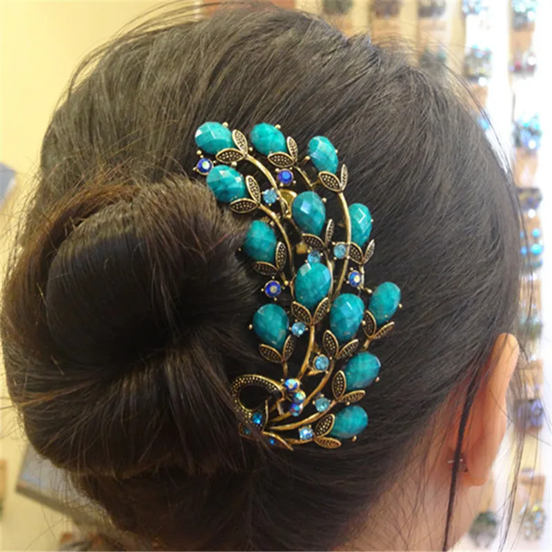 Top Quality 5 Color Resin Crystal Beautiful Peacock Hair Combs Wedding Hair Jewelry Retro Gold Color Hairpin For Women Girl Gift