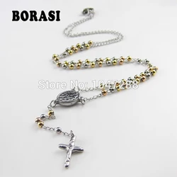 Women Jewelry Titanium Steel Rosary Necklace Three Color Steel Ball Chain Cross Pendant Necklaces