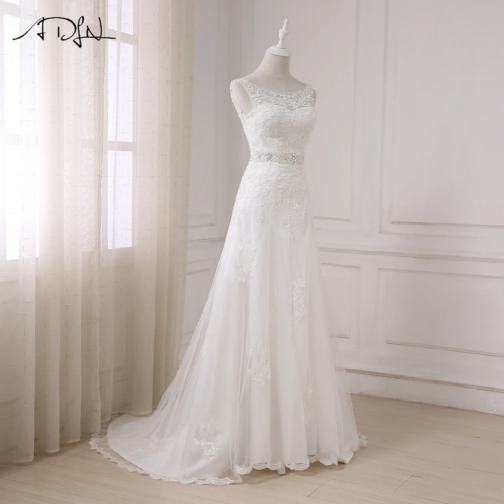 ADLN Scoop Spitze Hochzeit Kleider mit Strass vestido branco Nach Maß Perlen Plus Größe A-line Brautkleid Robe de Mariage