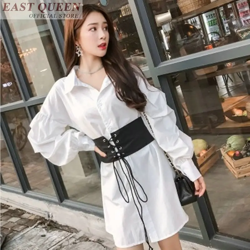 Vrouwen blouse office lady body shirt button slanke effen volledige mouw turn-down kraag feminine casual shirts riem tops DD588 L