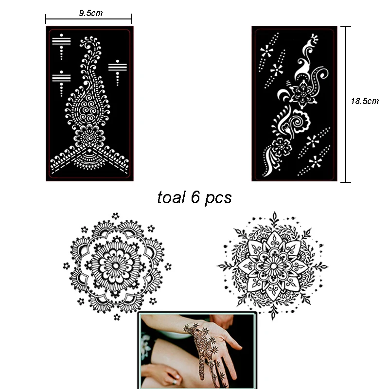 6PCS Self-Adhesive Reusable Henna Tattoo Stencil Set Mehndi Aribrush Templates for Women Girl Body Paint Indian Tattoo Stickers