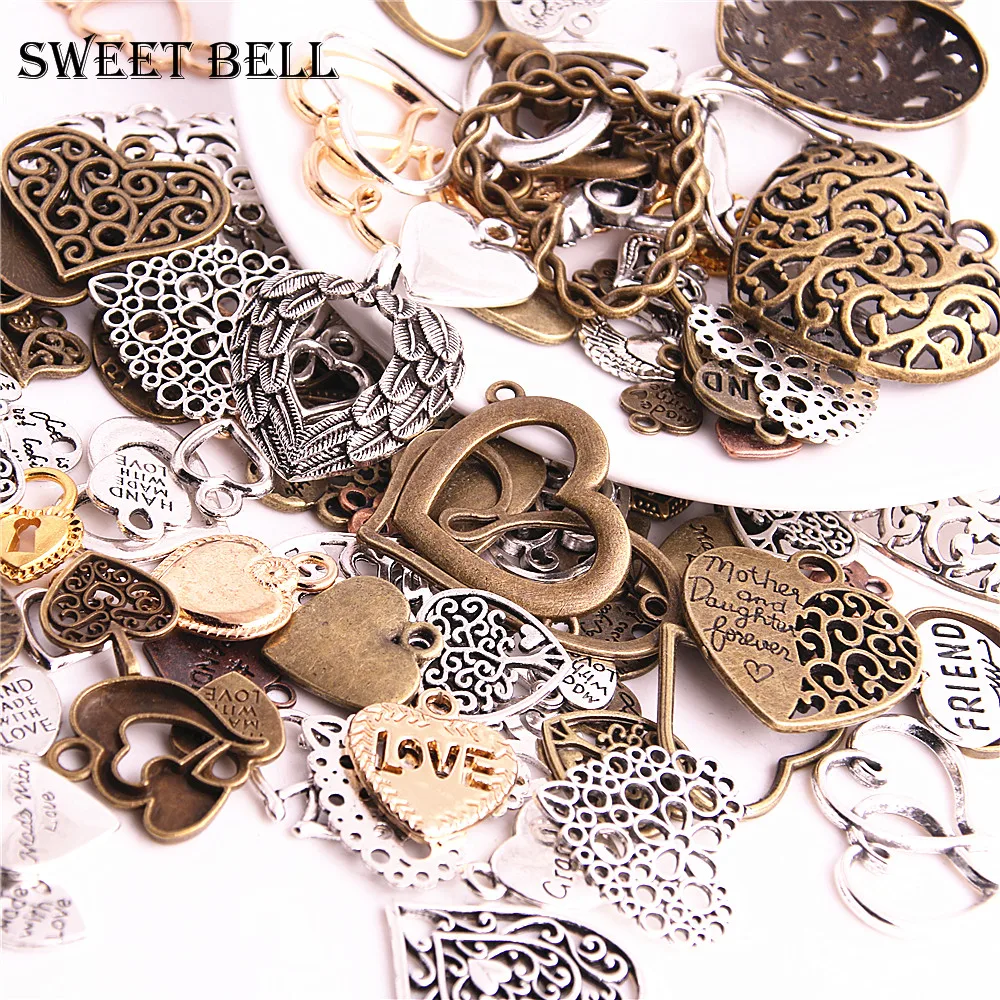 100pcs Vintage Metal Mixed Hearts Charms Fashion Retro Love Pendant For Jewelry Making Diy Handmade