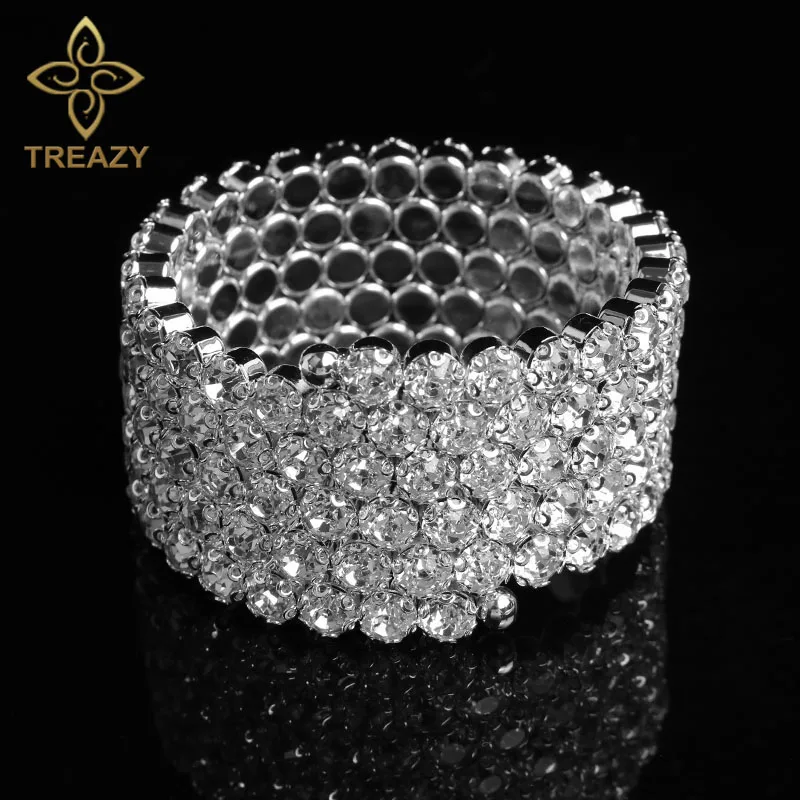 TREAZY Open Cuff Bangles Bracelets for Women Silver Color 5 Row Top Crystal Bracelet Wedding Jewelry Accessories Pulseras Femme