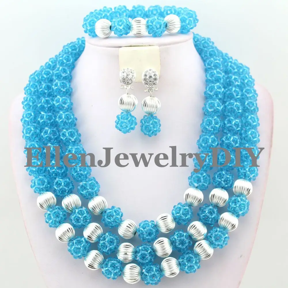 Latest Design Nigerian Wedding African Blue Crystal Balls Jewelry Sets African Beads Jewelry Sets W9374