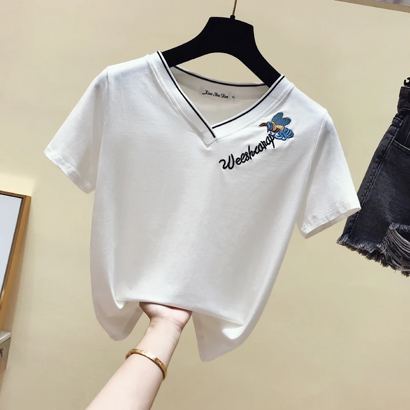 gkfnmt T Shirt Women Embroidery Tshirt Woman Cotton 2021 Tops Summer Short Sleeve Vintage V-Neck Tee Shirts Femme T-Shirt Female